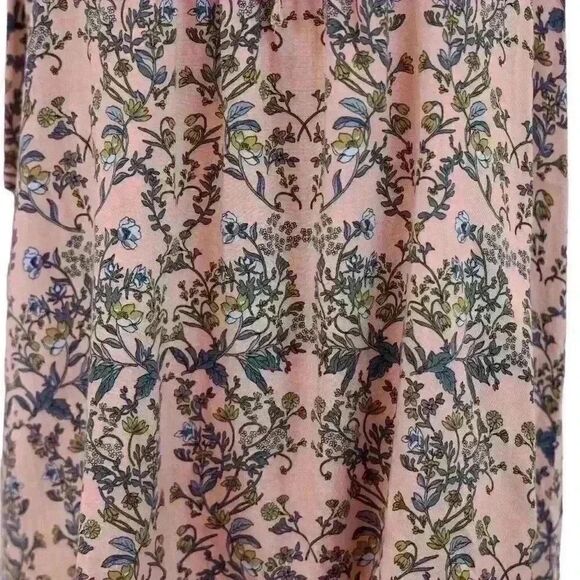 PLEIONE Plise Sleeveless Peach Floral Blouse Tie Neck Frayed Edges Size Medium - Picture 5 of 8